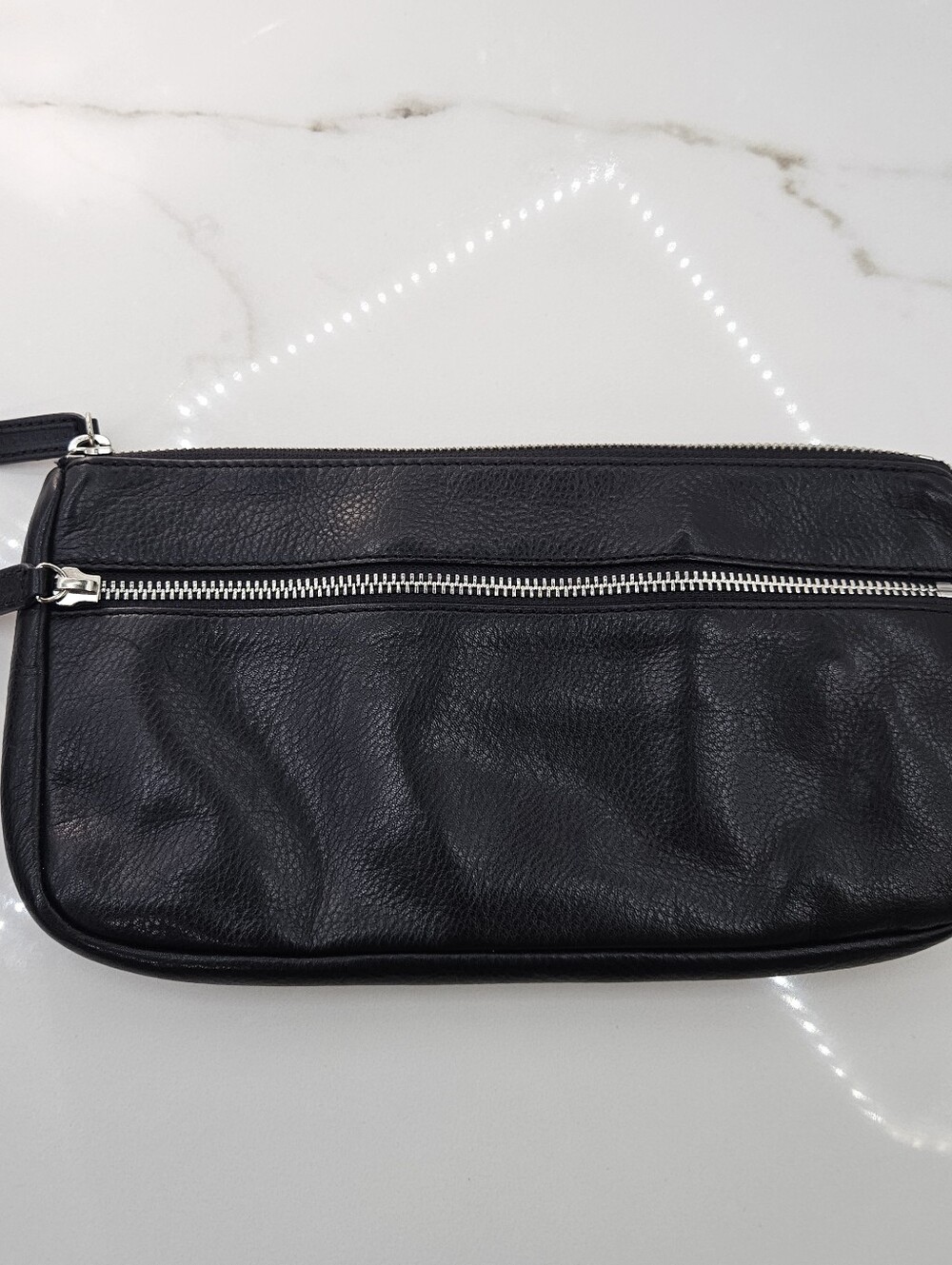 Levenger Black Pebbled Leather Zip Utility Pouch Toiletries Organizer Travel Bag